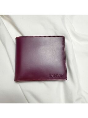 Authentic LANVIN PARIS Bifold Wallet Burgundy Leather Gold Logo France